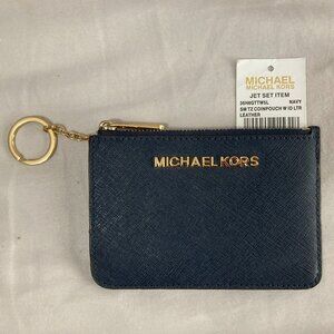 MICHAEL KORS Small Coin Pouch Purse Navy Blue Leather